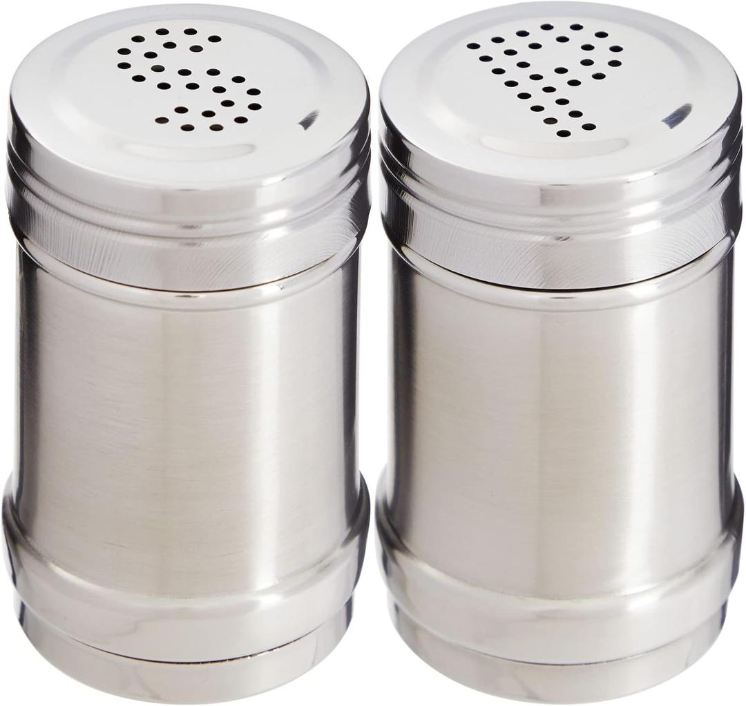 2 Oz Stainless Steel Metal Salt and Pepper Shakers Set for Kitchen, Dinner Table, Cooking, Travel, Refillable, Perforated "S" and "P" Caps (3.5 in)