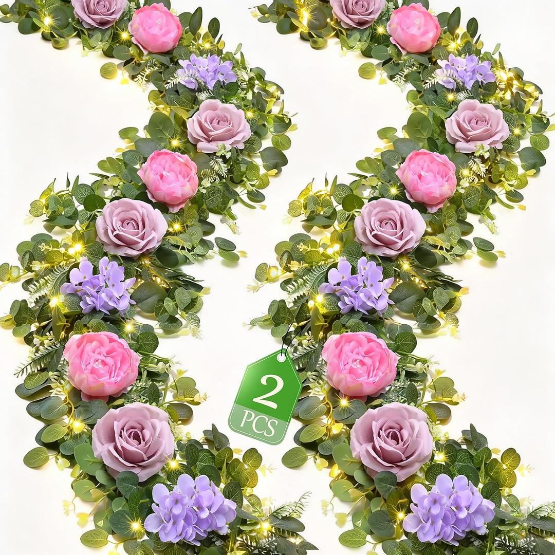 Livole 2Pcs 12 FT Artificial Flower Garland with Lights Pink Fake Roses Peony Floral Garland with Eucalyptus Flower Hanging Vine for Wedding Arch Table Centerpieces Backdrop Party Home Decor