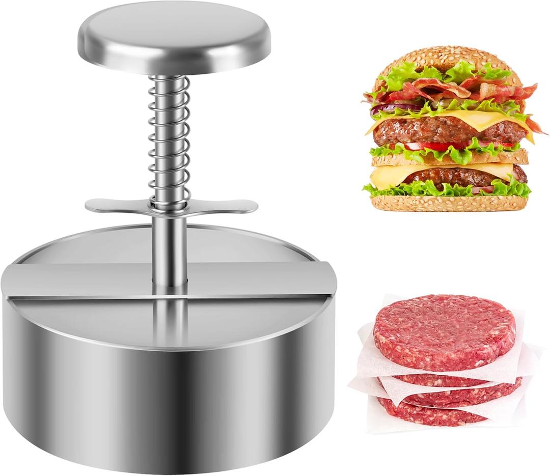 Burger Press, Adjustable Hamburger Prees Patty Maker 4.52" - Non-Stick Mold and Spring Button 304 Stainless Steel Burger Patty Press Making Patties for Beef, Vegetables, Meat, BBQ, Party Grill