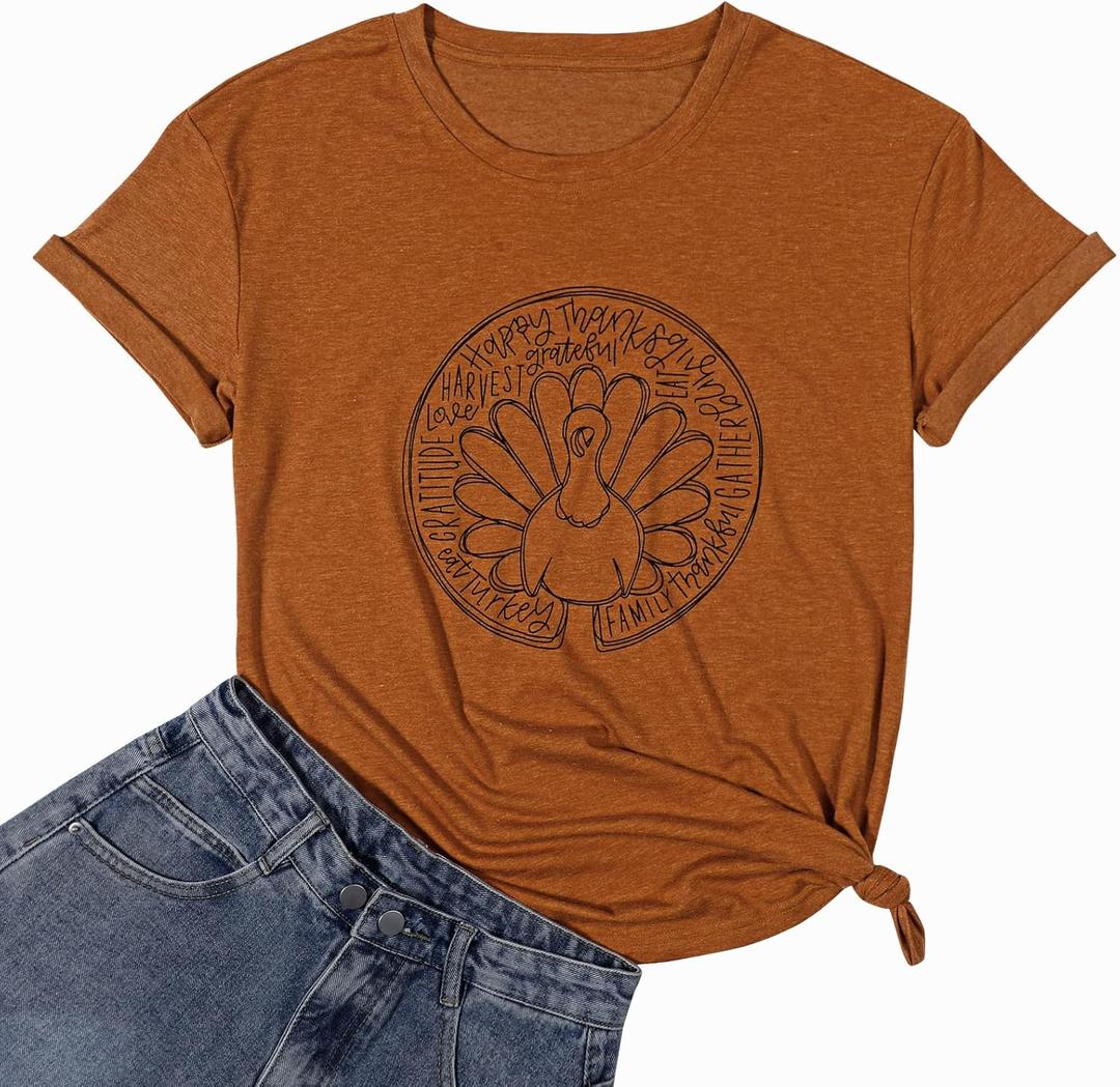 Gobble Gobble Thanksgiving T-Shirt Women Funny Turkey Graphic Print Shirts Thanksgiving Gift Fall Tee Top (Brown)