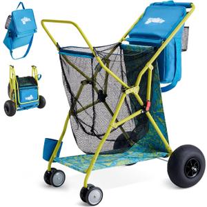 Old Bahama Bay Beach Cart with Big Balloon Wheels for Sand | Collapsible Beach Wagon with Cooler Bag, Umbrella Holder, Chair Rack & Large Mesh Storage, 100 LBS Capacity
