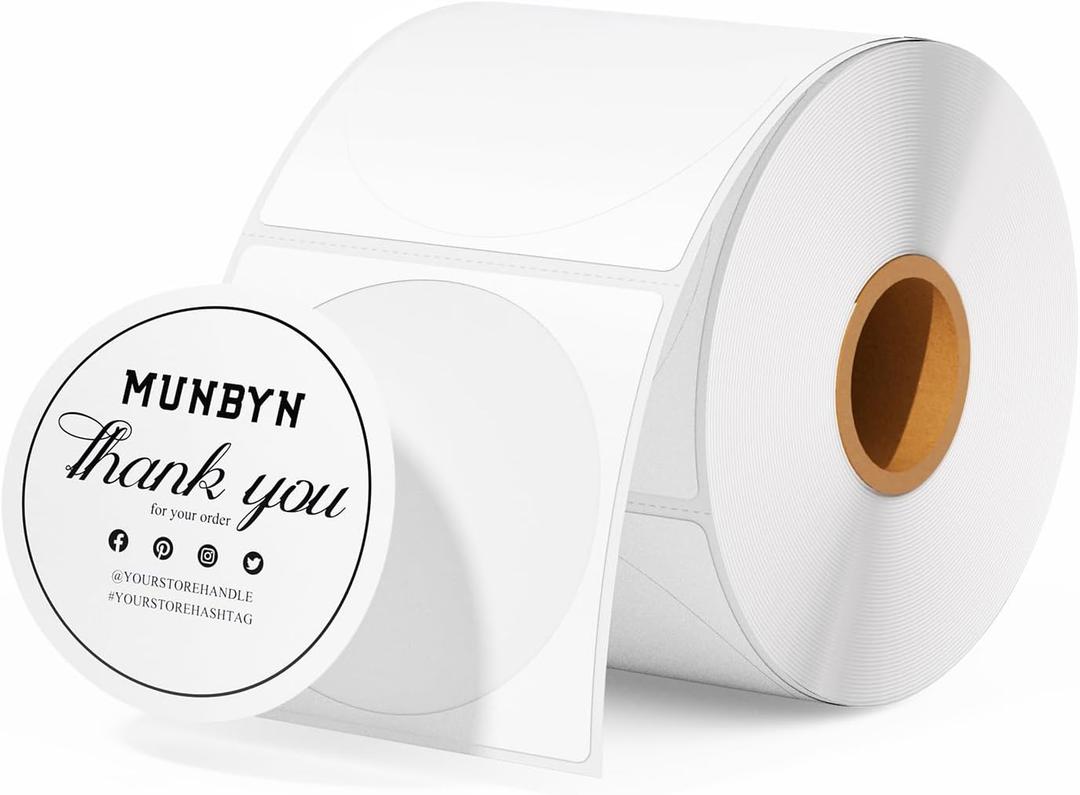 MUNBYN 2 Inch Circle Thermal Sticker Labels, Self-Adhesive Round Direct Thermal Labels, Multi-Purpose Roll Thermal Stickers for Business, 3000 Sheets/3Rolls