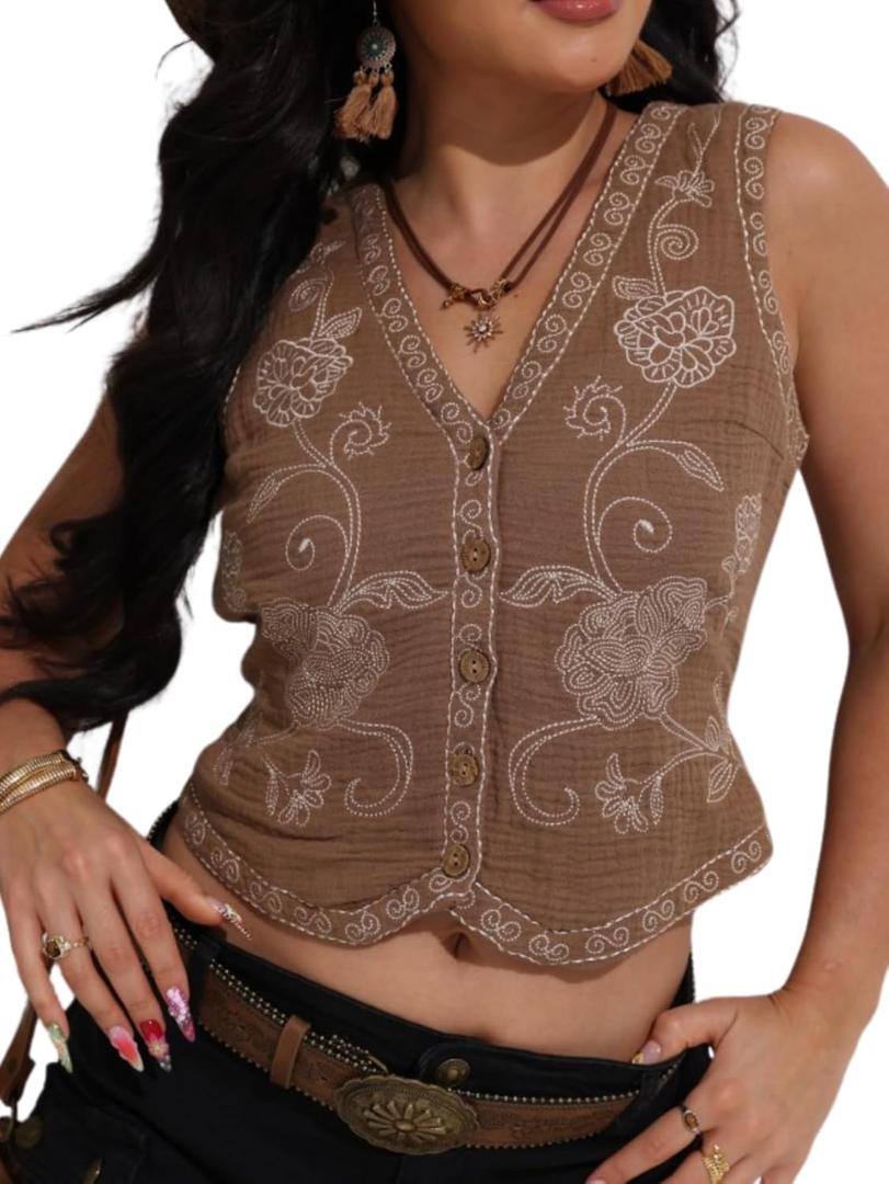 Verdusa Women's Western Outfit Cowgirl Embroidered Vest Tops Button Floral Boho Tank Top (X-Large, Brown)