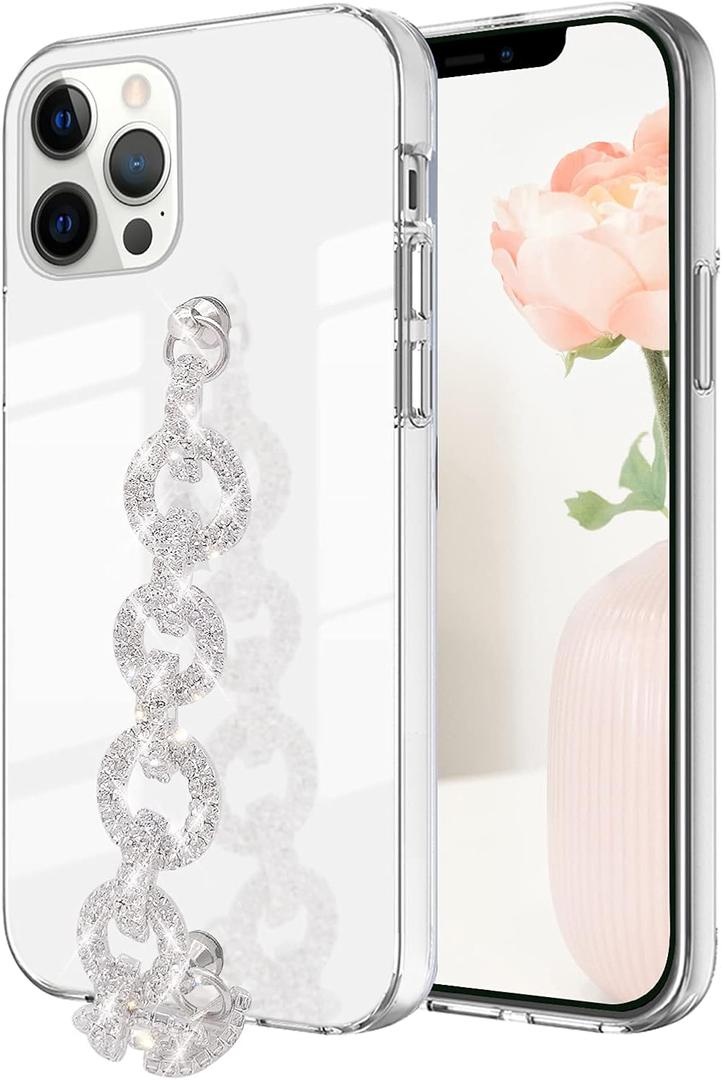 Bonitec Compatible with iPhone 14 Pro Max Case Clear for Ladys, Girls and Women Bracelet 3D Glitter Sparkle Bling Strap Luxury Shiny Crystal Rhinestone Diamond Silver Chain Protective Cover, Clear