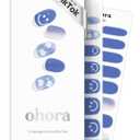 ohora Semi Cured Gel Nail Strips (N Cotton Cloud) - Blue, Patterned, Works with UV/LED Lamps, Salon-Quality, Long Lasting, Easy to Apply & Remove - Includes 2 Prep Pads, Nail File & Wooden Stick