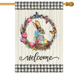 Baccessor Tulip Wreath Bunny Easter House Flag Eggs Buffalo Plaid 28 x 40 Inch Large Yard Flag for Outside Double Sided Burlap Spring Holiday Outdoor Easter Decoration (Multi)