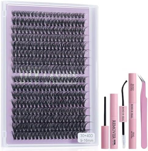 Unaone 320PCS Lash Extension Kit Natural Lash Clusters 30D+40D 9-16mm Wispy Individual Eyelash Clusters with Lash Glue, Bond & Seal, Tweezers for Beginners, Pack of 2