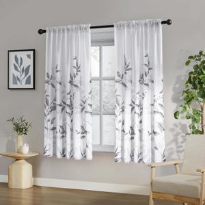 HOMEIDEAS Non-See-Through Light Grey and White Privacy Sheer Curtains 52 X 63 Inch Length 2 Panels, Leaf Floral Printed Light Filtering Semi Sheer Window Curtains Drapes for Bedroom Living Room