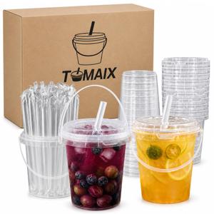 TOMAIX 60 Sets 34oz Bucket Cups with Lids, Straws and Handles