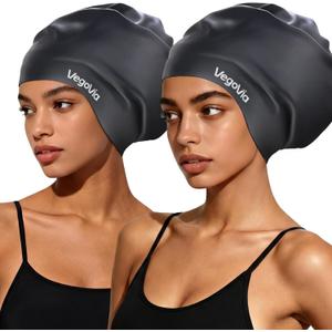VegoVia Large Swim Cap for Braids and Dreadlocks, Waterproof Silicone Swimming Cap for Women Men Adult Long Hair to Keep Hair Dry (Black)