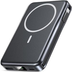 Magnetic Portable Charger, 10000mAh Power Bank, 5 in 1 Portable Charger with Built in Cable, 20W Fast Charging for Magsafe Battery Pack Compatible with iPhone 16/15/14/13 Pro/Pro Max, Samsung Series (Black)