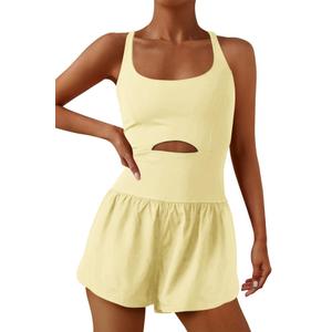 ReachMe Womens Running Onesie Workout Rompers One Piece Work out Outfits Athletic Romper Jumpsuits(Light Yellow,S)