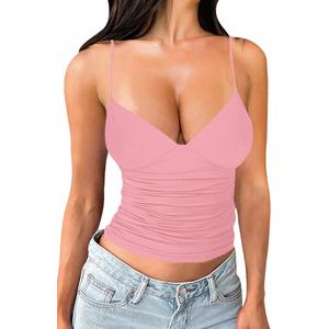 Women's Sexy Deep V Neck Ruched Sleeveless Crop Tank Top Stretchy Spaghetti Straps Slim Fitted Tops (Pink)