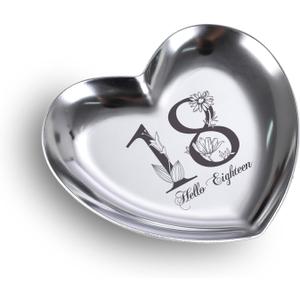 Hello 18 Birthday Stainless Steel Jewelry Tray Gifts Laser Engraved Heart Shape Dish Personalized 18th Birthday Gifts for Daughter Sister Granddaughter Niece Friend