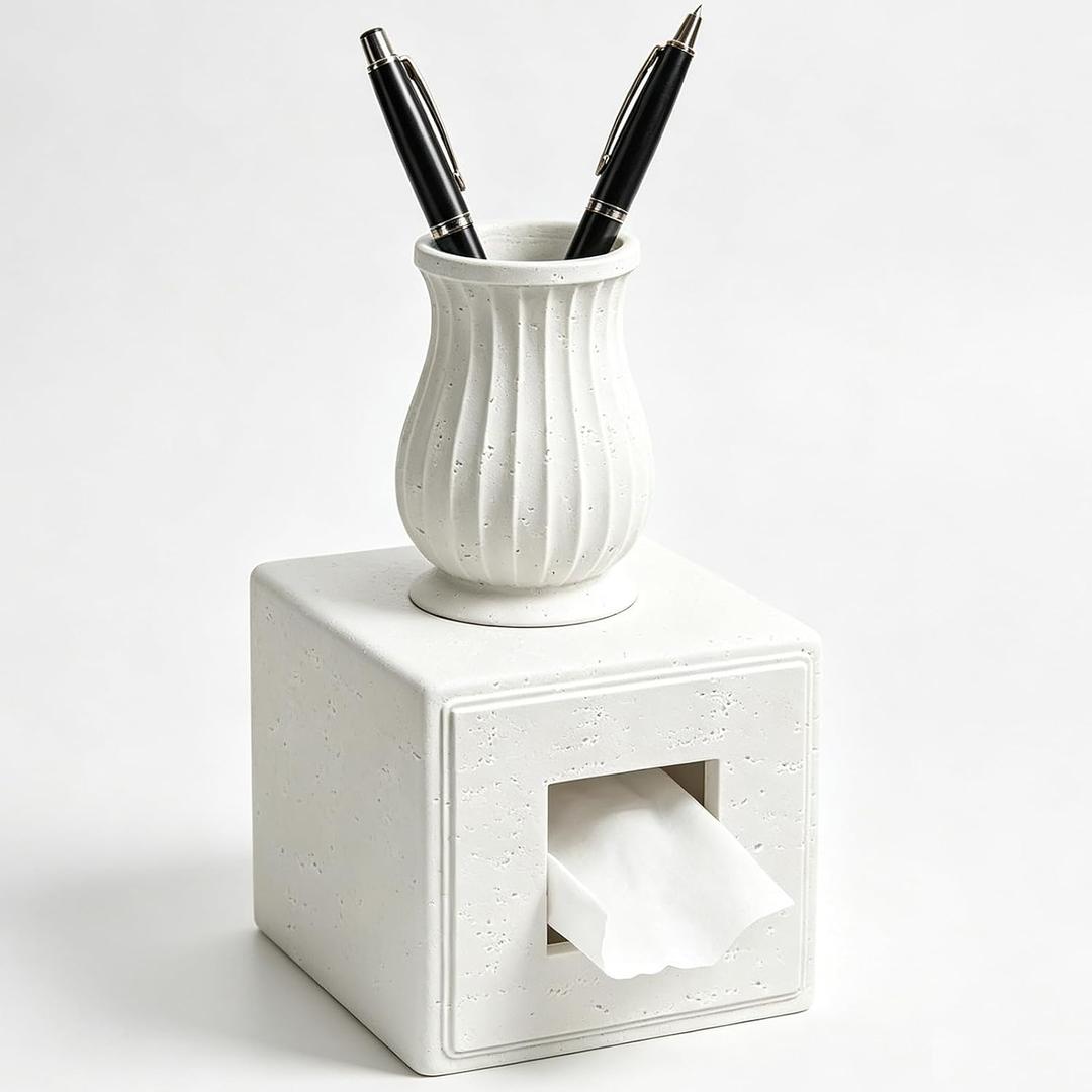 Xeano Tissue Box Cover Square, Decorative Facial Tissue Box Holder Front Open, Modern Cube Stone Look Toilet Paper Holder with Storage Jar for Bathroom Bedroom Living Room Office, Off White