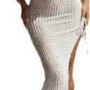 RoseSeek Women's Textured V Neck Cover Up Halter Neck Backless Maxi Dress Side Drawstring Bodycon Dress Swimsuits (White, L)