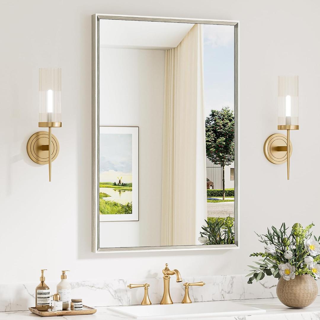 Keonjinn 24 x 36 Inch Brushed Nickel Bathroom Mirrors for Wall, Metal Frame