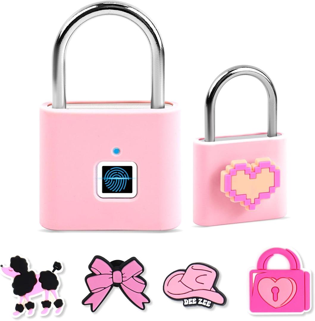 UMIKSMART Fingerprint Padlock with Silicone Protective Cover & Charm, Smart Keyless Padlock for School Locker, Gym Locker, Backpack and Travel Bag, Gift for Kids, Teens and FriendsSweet Pink Set