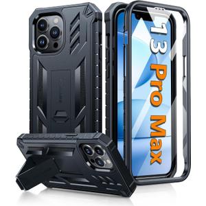 FNTCASE for iPhone 13 Pro-Max Case: with [Built-in Screen Protector & Kickstand] [Military-Grade Drop Protection] Heavy Duty Protective Full Body Shockproof TPU Phone Cover Black