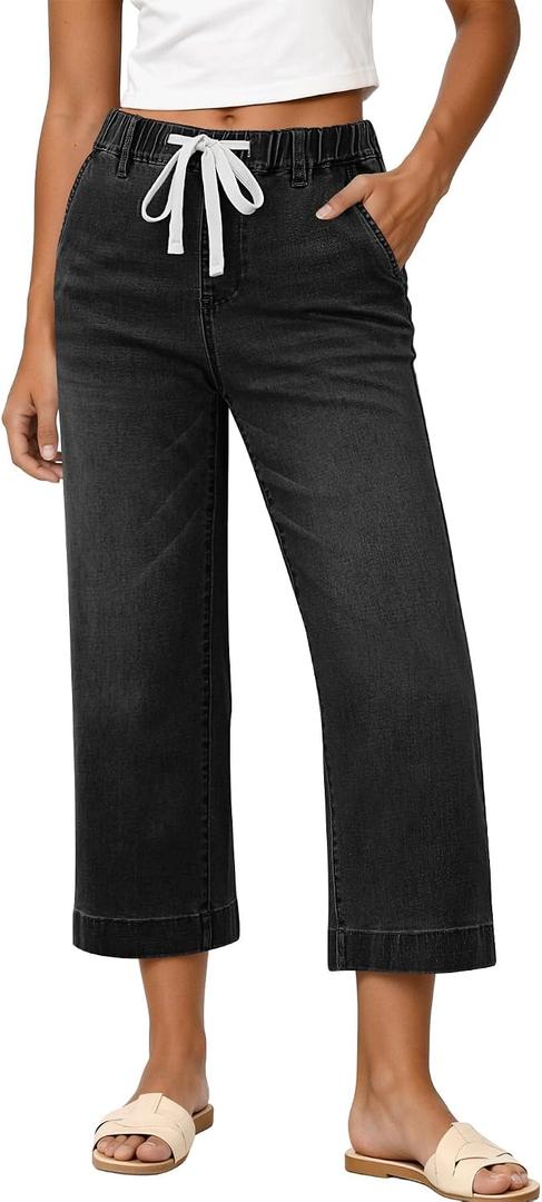 GRAPENT Capris Jeans for Women Trendy Wide Leg Capri Pants High Waisted Pull On Elastic Waist Summer Stretch Denim Jeans (Black, XL)