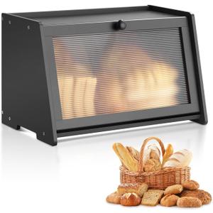 VEVOR Bread Box for Kitchen Counter, Large Capacity Bamboo Bread Storage Container, Farmhouse Wooden Breadbox Organizer for Homemade Bread, Storage Holder Bin with Acrylic Wavy Door Panel, Black (Rectangular Single-Layer)