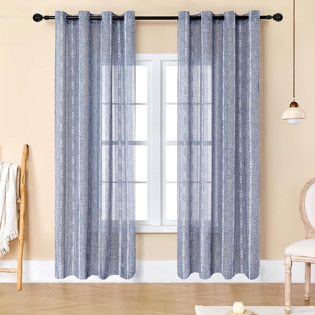 Estelar Textiler Blue Boho Farmhouse Curtains 72 Inches Long, Soft Linen Textured Embroidered Curtains for Living Room, Light Filtering Grommet Semi Sheer Drapes for Bedroom, 52Wx72L, 2 Panels (Blue/White Embroidery)