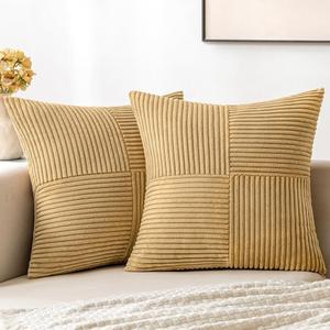 MIULEE Khaki Corduroy Pillow Covers Pack of 2 Boho Decorative Spliced Throw Pillow Covers Soft Solid Couch Pillowcases Cross Patchwork Textured Cushion Covers for Living Room Bed Sofa 18x18 inch