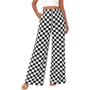BTFBM Women's Checkered Palazzo Pants Wide Leg High Waisted Pockets Gingham Casual Lounge Pajama Trousers Summer Outfits (Large, Plaid Black White)