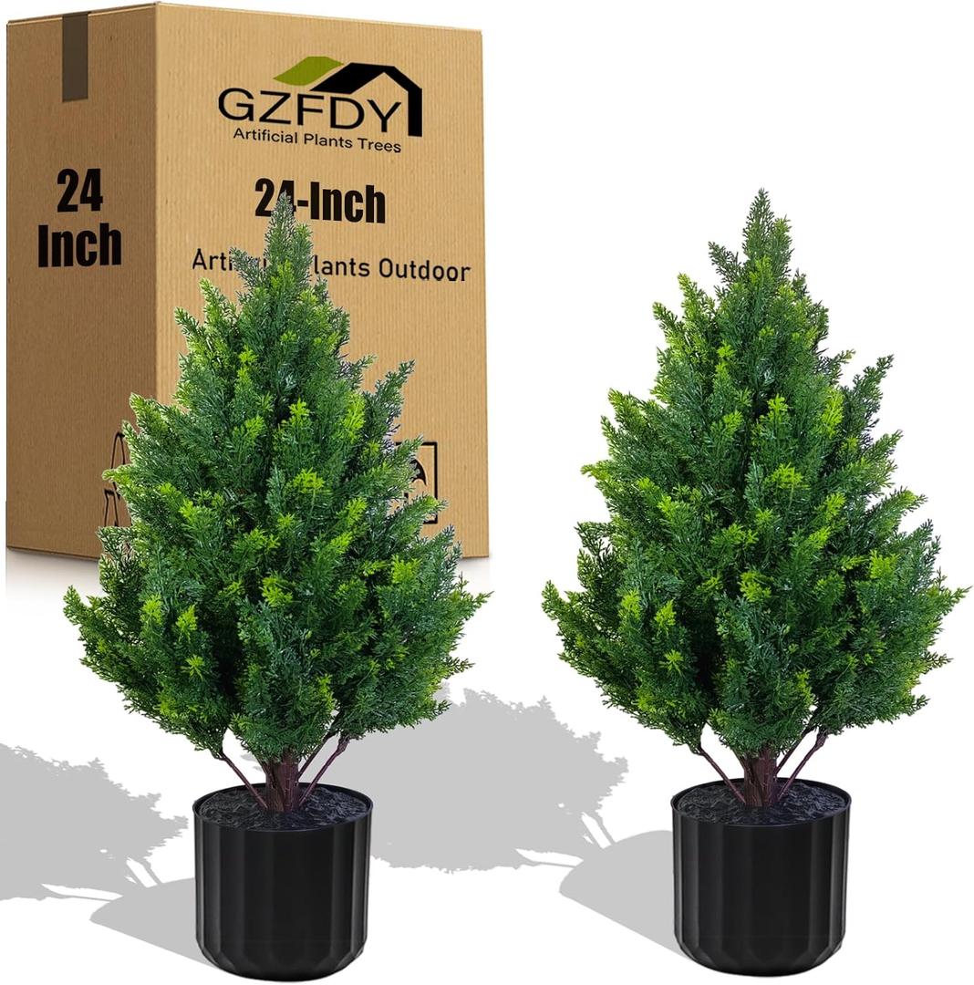 24-inch Artificial Cypress (2 Packs) - UV-Resistant Artificial Shrub with Pot, Suitable for Outdoor and Indoor use, Front Porch, Garden Decoration