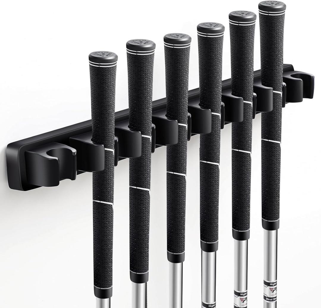 Blueweenly 1 Pack Wooden Golf Club Holder Wall Mount 8 Clips Golf Club Rack Hanger Organizer for Wall Display Garage Putters with Screws, Grip up Type (Black)