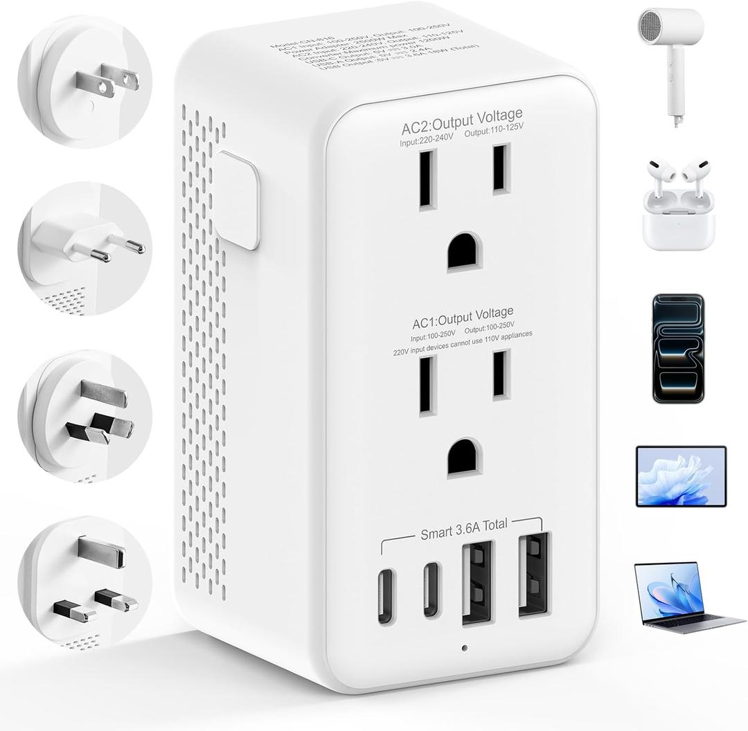 Upgraded 2500W 220V to 110V Voltage Converter US to Europe, Power Converter Adapter Combo with 2 USB-A 2 USB-C Port & UK/AU/US/IT/European/Asia Travel Outlet Plug Adapters for Hair Dryer