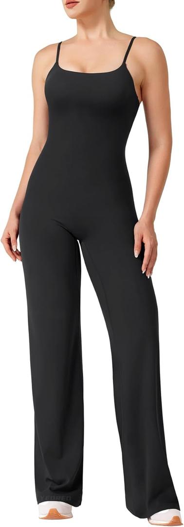 YEOREO VitaWeave Jumpsuits for Women Wide Leg Sleeveless Adjustable Strap Romper Square Neck Yoga Workout Bodycon (Small, Black)