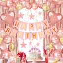 Rose Gold Happy Birthday Party Decorations, Happy Birthday Banner, Rose Gold Foil Heart Star Confetti Balloons Curtain Backdrop Hanging Swirls Party Decor for Girls Women Princess