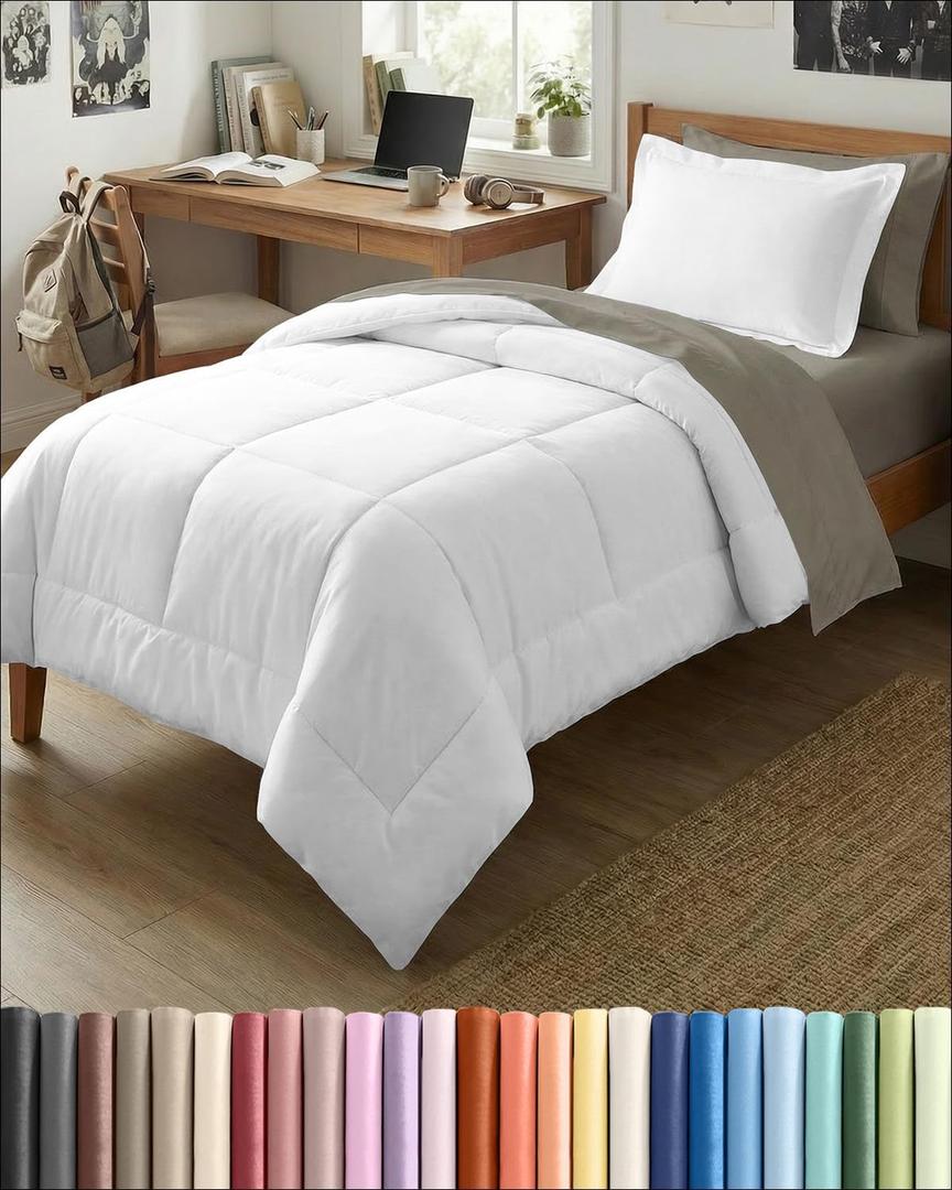 Twin Comforter Set - White Bedding for All Seasons - 2 Piece Bed Set, 1 Lightweight Comforter (68" x 88") and 1 Pillow Sham (20" x 26") - Box Stitched Down Alternative, Duvet Insert with Corner Tabs