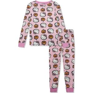 Hello Kitty Girls Halloween Pajamas - Kids 2 Piece Girl's PJ Set For Holiday - Long Sleeve Shirt & Pants - Official License, Size: 8