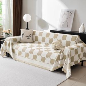 MEETSKY Couch Cover Modern Khaki White Plaid Jacquard Sofa Slipcover U Shape Sofa Protector for 3 Cushion Couch Sofa, Chenille Sofa Couch Coverfor Dogs Kids, 91" X134", Khaki Checkerboard