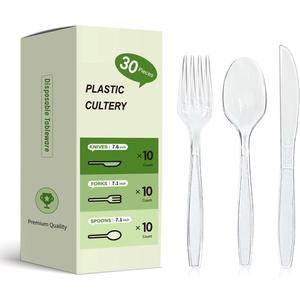 Plastic Silverware Set, 30-Piece Disposable Plastic Utensils for Parties, Clear Cutlery, Plasticware Forks, Spoons, Knives