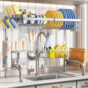 Over The Sink Dish Drying Rack, Adjustable (25.5 to 33.5 inch) 2 Tier Metal Steel Dish Drying Racks for Kitchen Counter with Hooks Paper Towel Utensil Cup Holder Sink Caddy (Silver)