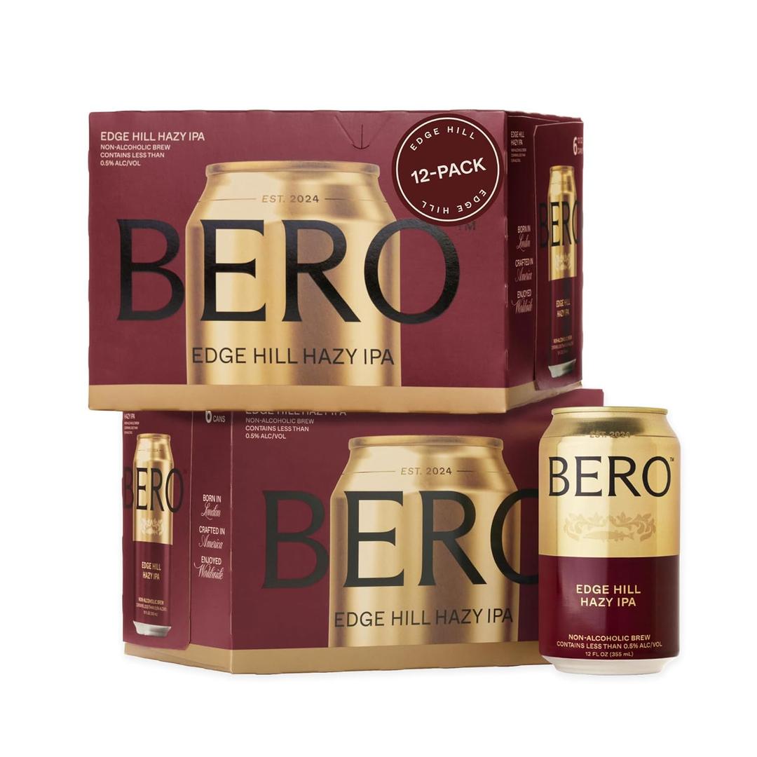 BERO Edge Hill Hazy IPA, Non-Alcoholic Craft Ale 12-Pack, Tropical & Juicy Hazy IPA, Hoppy New England-Style NA Beer by Tom Holland, Alcohol Alternative Beverage for Every Occasion BBD: 04/21/2026