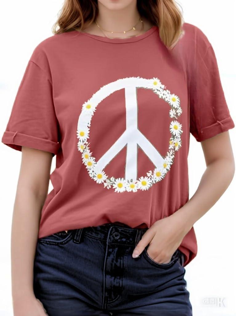KevaMolly Women Peace Sign T-Shirt Flower Print Short Sleeve Casual Summer Tees Trendy Daisy Pattern Loose Fit Tshirt Tops Clay Red XXL
