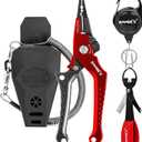 SAMSFX Aluminum Fishing Pliers Hook Remover Braid Line Cutter with Coiled Lanyard, Fly Fishing Knot Tying Tool & Retractors (7'' Split Ring Nose, Gray & Red Handle)