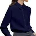 Women's Button Down Shirt Classic Long Sleeve Collared Tops Work Office Chiffon Blouse (Blue, L)