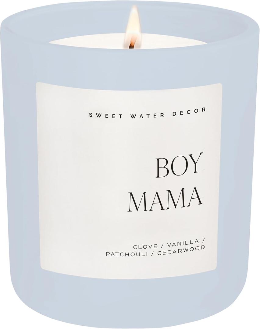 Sweet Water Decor Boy Mama Candle, Non-Toxic Soy Wax, Palo Santo Scent, Patchouli, Lavender, Cedarwood & Vanilla, 15oz Blue Matte Jar, 70+ Hour Burn Time, Gift for New Mom, Mother's Day, & Baby Shower