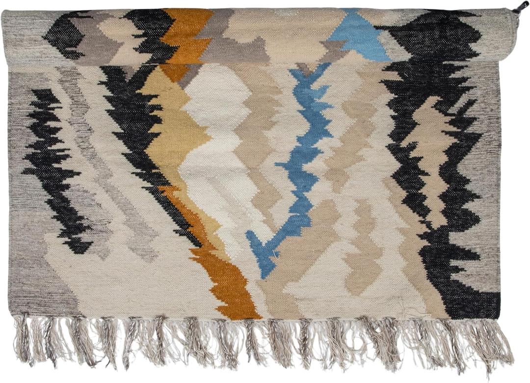 Creative Co-Op Woven Wool and Cotton Blend Rug with Abstract Design and Fringe, Multicolor