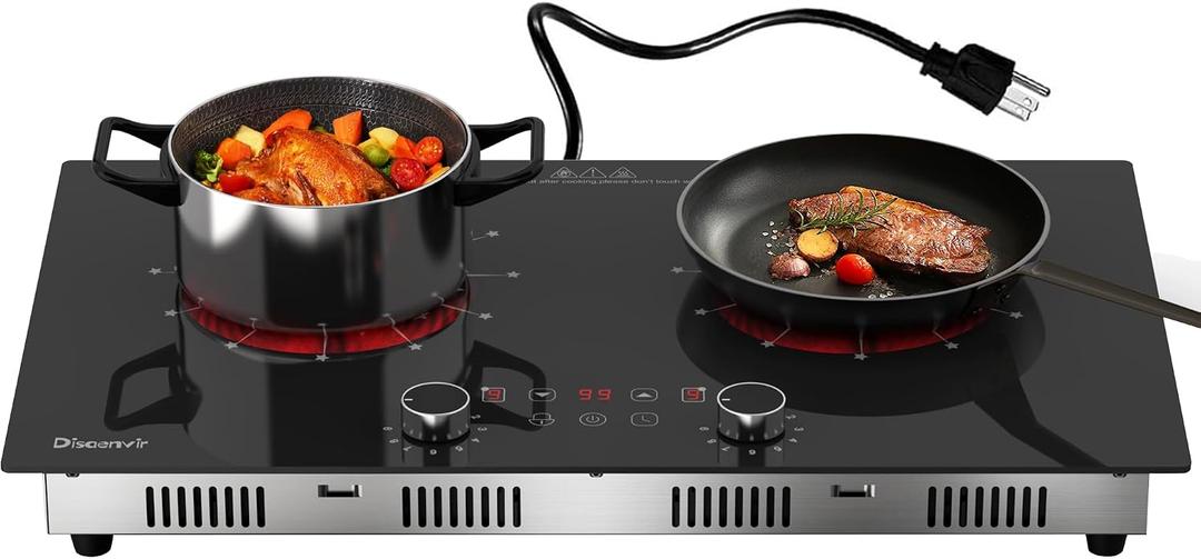 2 Burner Electric Cooktop 110V - 24 Inch(23.6"x 13.78") Ceramic Stove Countertop & Built-in(22"x 12.2"), 2000W Two Burner Cooktop with Touch & Knob Control, Timer, Safety Lock, 120V Plug in