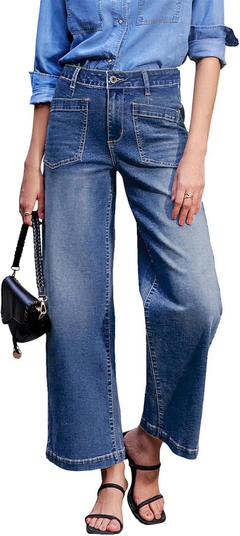 Sidefeel Women's Wide Leg Jeans High Waisted Stretchy Jeans Straight Leg Loose Fit Zimbaplatinum Ankle Denim Pants (10, Blue)