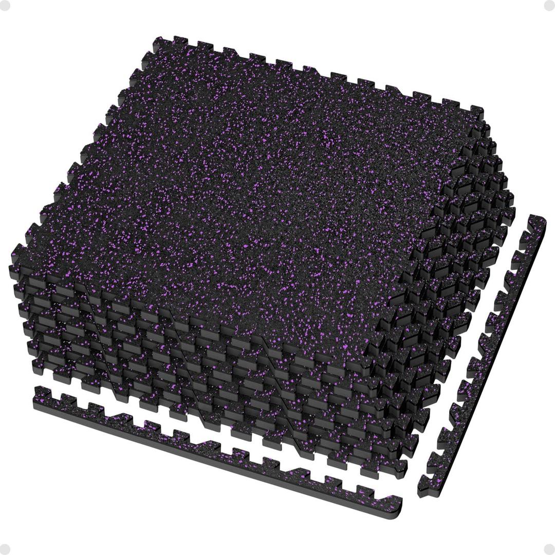 AIRHOP 0.56in Thick 24 Sq Ft Exercise Equipment Mats, 6 Tiles Upgraded Rubber Top with High Density EVA Foam, Large Interlocking Puzzle Gym Flooring for Home Gym, Heavy Weight Workout, 24 x 24in (Black/Purple)