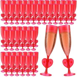 24 Pcs Valentine's Day Heart Plastic Champagne Flutes, 6 oz Clear Red Flute with Heart Stand Romantic Acrylic Stemmed Glasses for Valentine's Day Weddings Anniversary Party Supplies Decor