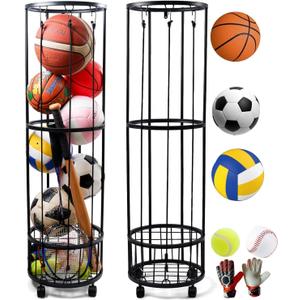 Upgrated Ball Storage Rack with Small Bottom Ball Holder, 3 Adjustable Elastic Cords Sports Equipment Organizer, Wall-Mounted Basketball Rack for Indoor,Outdoor,Home,Garage (3 Layer with open top, Black)