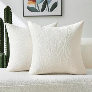 FUTEI Cream Decorative Throw Pillow Covers 18x18 Inch Set of 2,Soft Chenille Phoenix Tail Leaf Textured Cushion Case,Modern Home Decor for Couch Bed Living Room